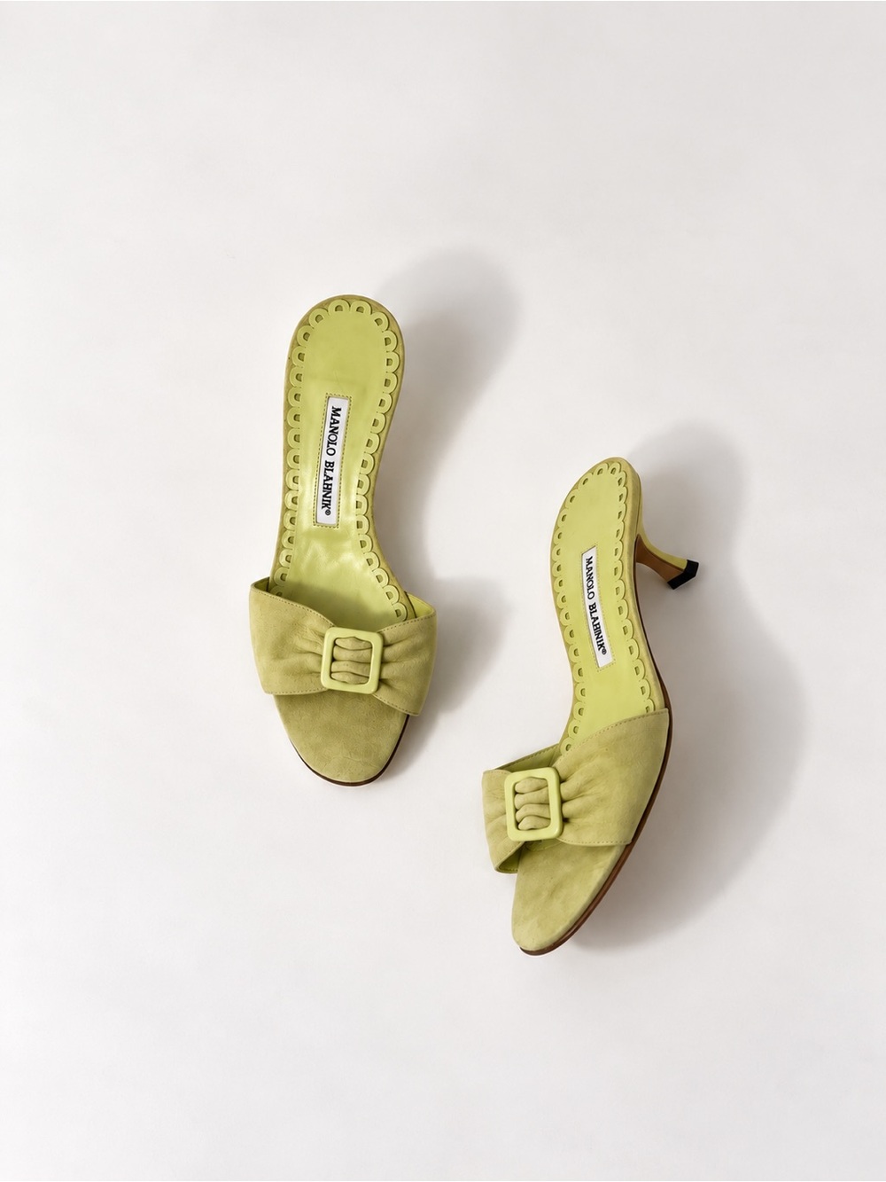 Manolo Blahnik Lime Green Suede Buckle Mules